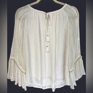Women Ramy Brook‎ Boho Tie Front Metallic Stripe Blouse Small Bell Sleeve Gypsy